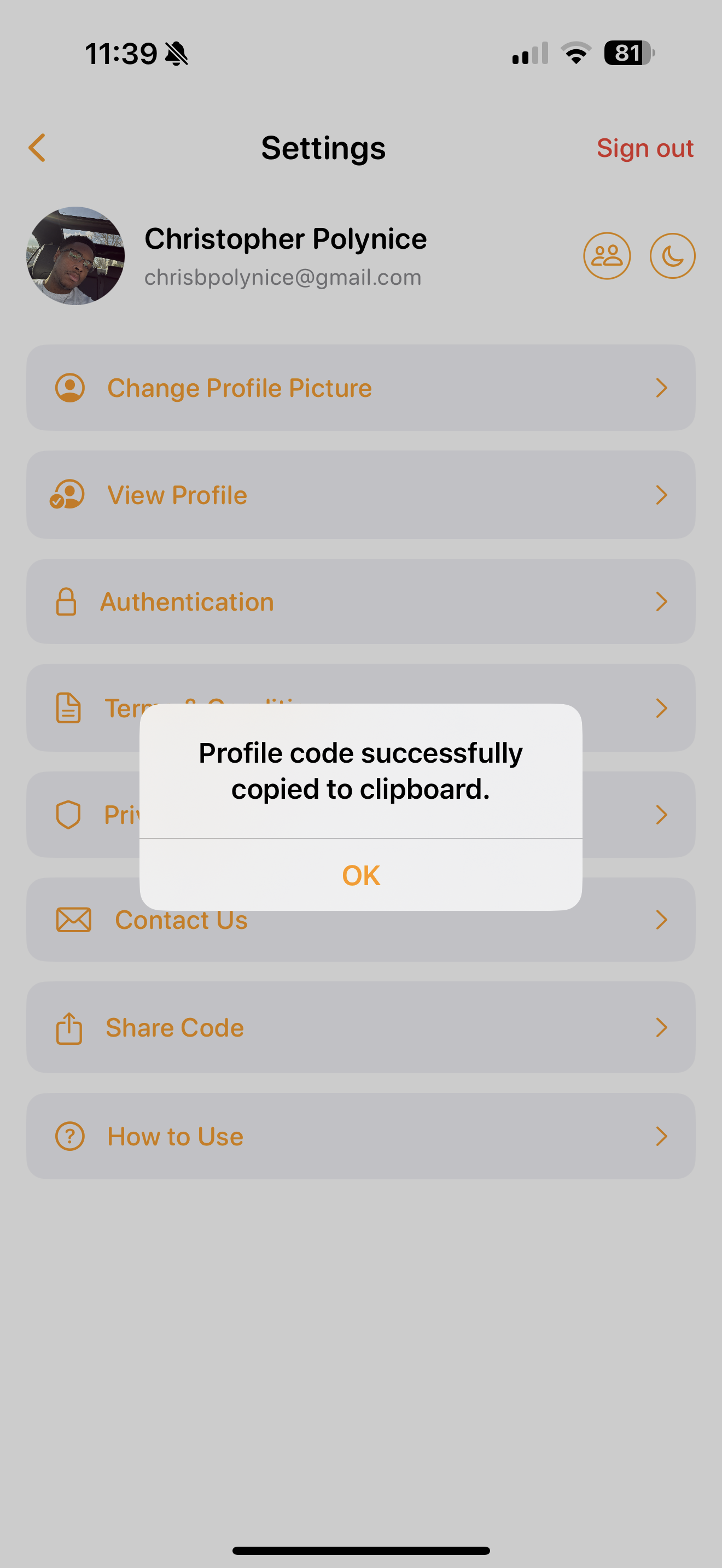 Profile → Share Code